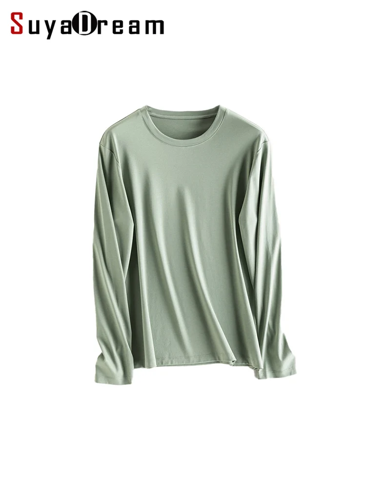 SuyaDream, Mens Solid Tee, Cotton Silk Blend, O Neck, Long Sleeved Cozy T Shirts, 2025 Simple Chic Top, White, Grey