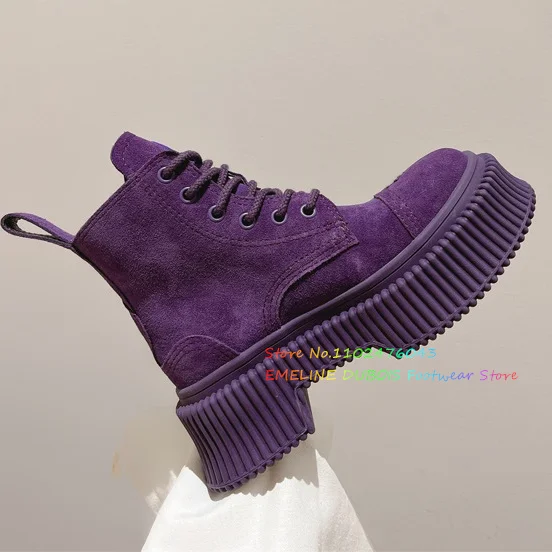 Cow Suede Thick Sole Ankle Boots Women Round Toe Platform High Heel Riding Comfort Lace Up Boots Autumn Casual Short Boot