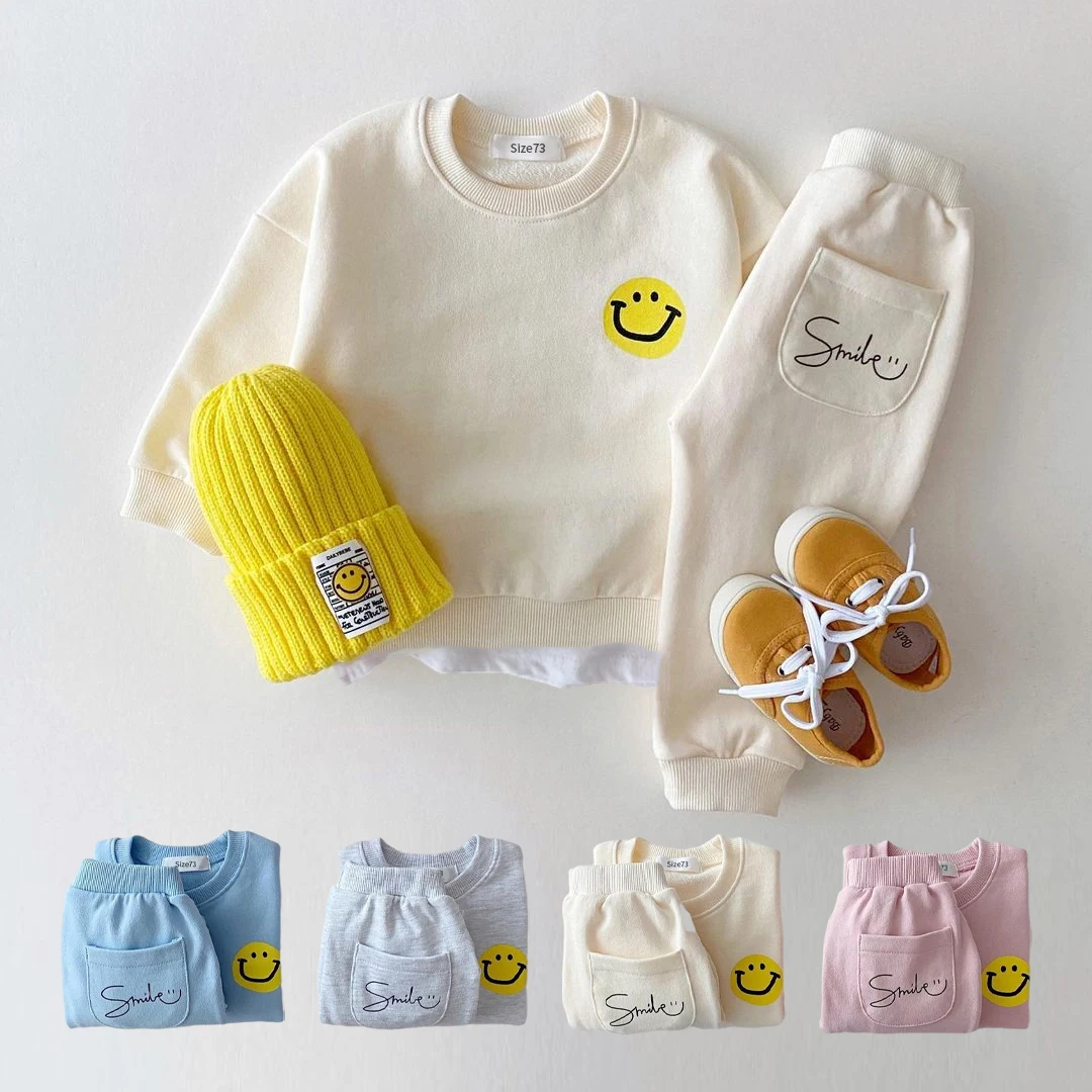 Korea Baby Boy Clothes Set Toddler Kids Clothes Cute Smiley Print Mock 2pcs Sweatshirt + Jogger Pant Baby Girl Tracksuit Outfits