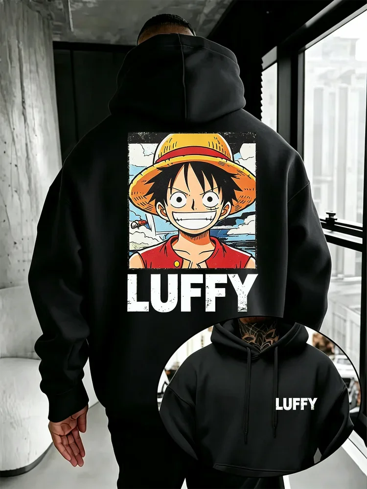 One Piece Monkey D. Luffy Hoodie mit Vorder- und Rückseiten-Print, Retro-Luffy-Porträt, Strohhut, Anime-Fan, lässiger Pullover mit Kapuze – Detail 4