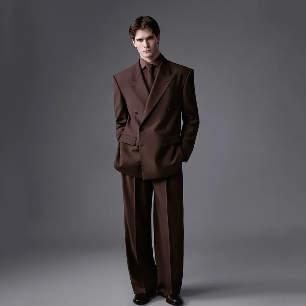 Fashion New Men's 2 Piece Suit Set Boutique Business Casual Banquet Wedding Groom Tuxedos Double Breasted Blazers+Wide Leg Pants
