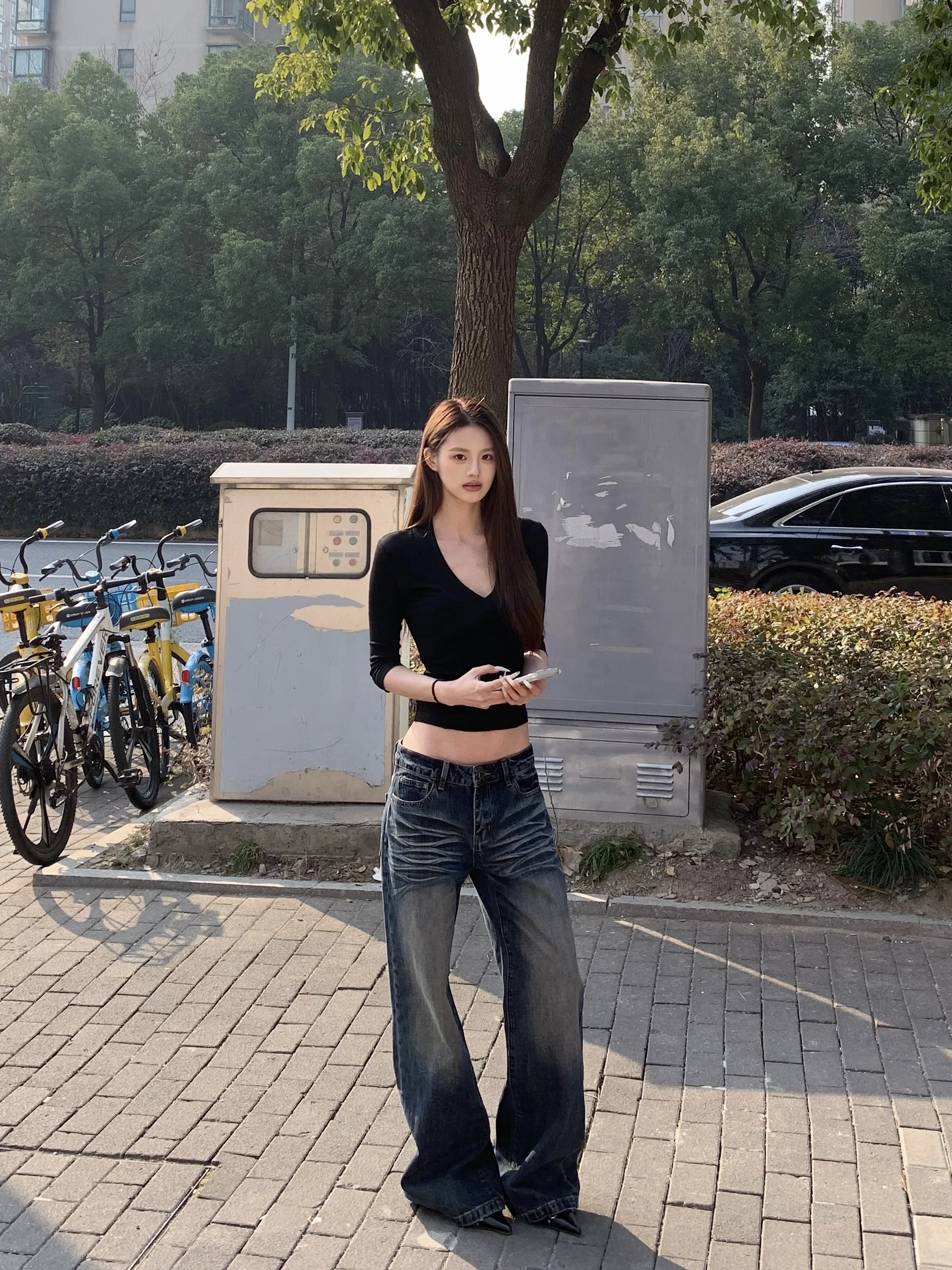 

E7Q8 American Sle Hot Girl Mid-Waist Jeans Women Straight Leg Slimming Long Pants Pure Color l Waist Elastic