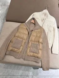 Chaqueta de plumón de ganso para mujer, abrigo elegante con paneles y manga de punto de Cachemira, L * p, Otoño, 2024