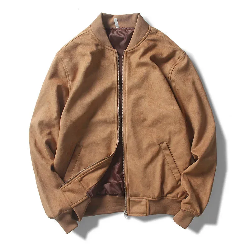 

Mcikkny Men Suede Leather Baseball Jacket Spring Autumn Solid Color Outwear Coats Vintage Stand Collar