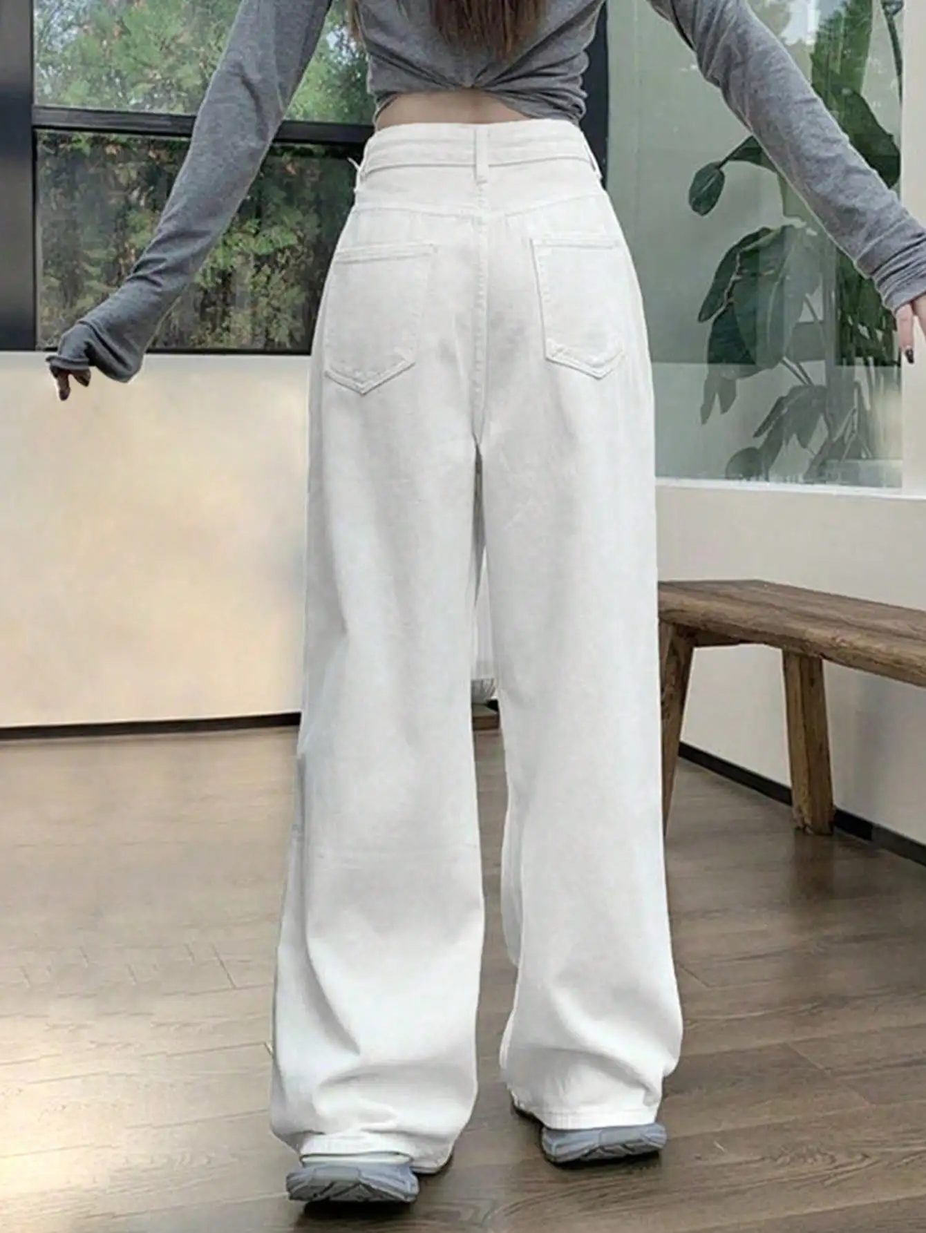 Pantalones de pierna ancha de mezclilla con cordón de moda coreana Chic de otoño e invierno para mujer, pantalones de pierna recta de gama alta, sueltos, delgados y drapeados