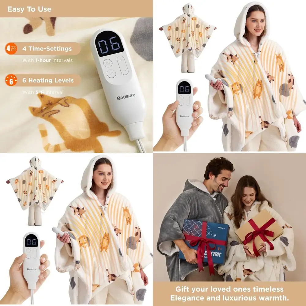 

Electric Sherpa Hoodie Blanket with Auto Shut-Off, 55x64, Warm Poncho for Women, Winter Gift
