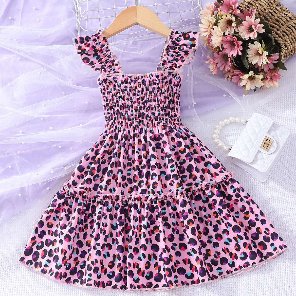 

2025 Summer New Children Sleeveless Bracelet Leopard Pattern Butterfly Rainbow Multi Color Printed Dress