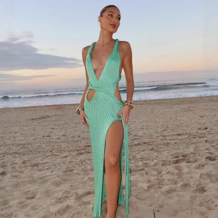 

Green Knitted Summer Dress Women Sexy High Split Backless Slim Maxi Dress Fashion Pit Strip Hollow Out Holiday Beach Dress 2025