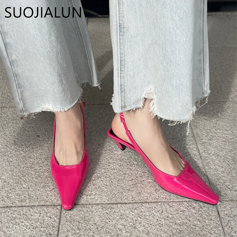 SUOJIALUN 2024 Spring New Women Sandal Shoes Fashion Candy Color Ladies Elegant Slingback Sandals Med Heel Dress Pumps Shoes