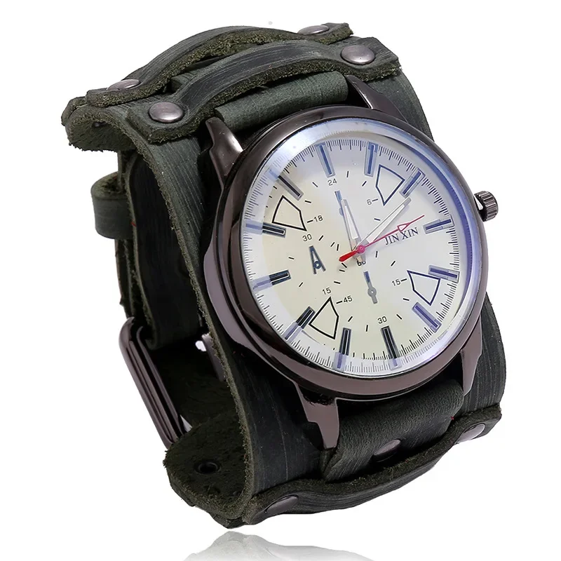 Мужские кварцевые часы, Роскошные наручные часы 2023, ремешок из воловьей кожи в стиле панк, часы для мужчин, широкие браслеты из натуральной кожи, часы
