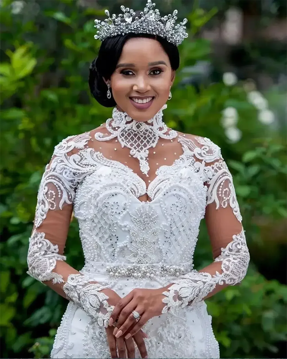 Aangepaste zeemeermin trouwjurken bruidsjurk lange mouwen hoge hals luxe kristallen kralen kant applique boho vestido de novia