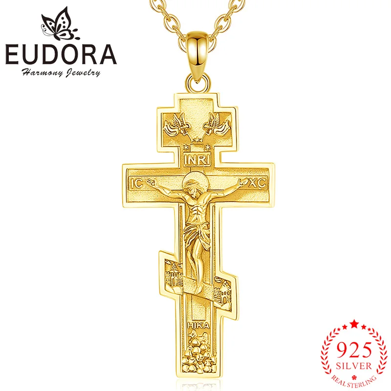 Eudora 925 Sterling Silver Orthodox Cross Jesus Necklace 18K Gold Angel Amulet Pendant Religion Jewelry Men Personality Gifts