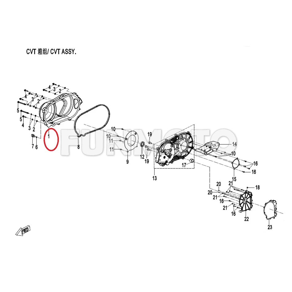 

CVT cover suit CF520L code is 0GSV-013201-3001 Number 1 in the drawing