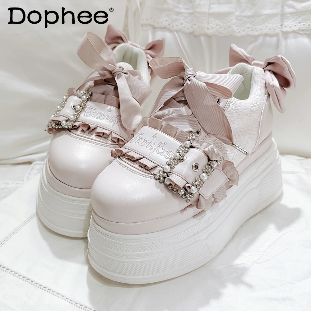 

Original Japanese Mine Mass-produced Pink Platform Shoes Spring and Autumn 2025 Japanese Sweet Girl's Cute Bow Lace-up Pumps