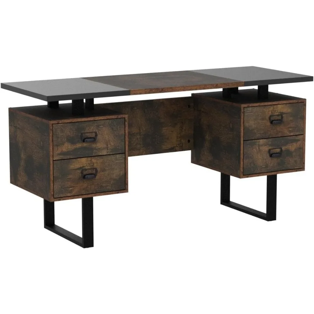 Vintage Study Gaming Table com gavetas de armazenamento, 59 "L Contemporâneo, Home Office, mesa para laptop com mesa flutuante, 4 gavetas de armazenamento