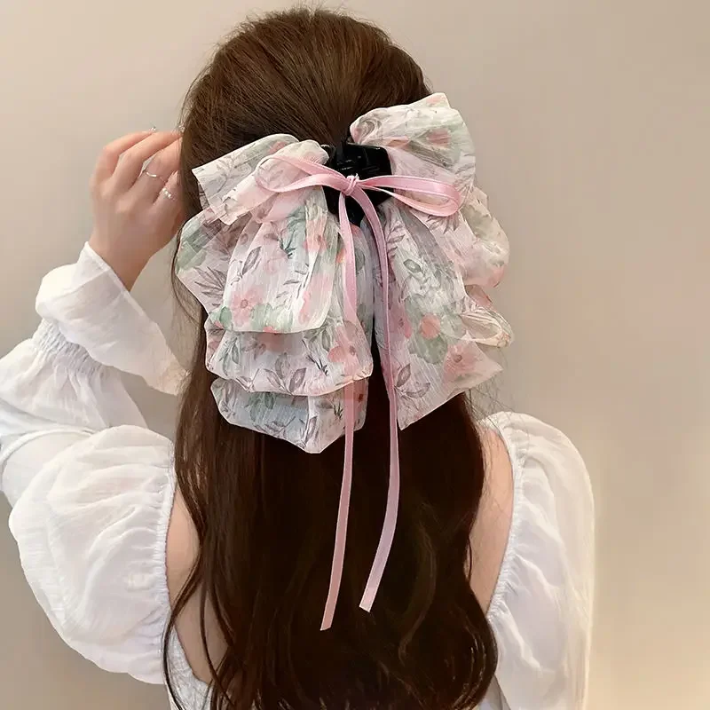 Elegant Women Large Bow Hair Claw Chiffon Big Bowknot Stain Bow Barrettes Hairpin Women Color Ponytail Clip Hair Accessories