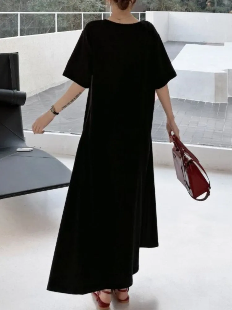 وهمية قطعتين الصيف فضفاض تي شيرت حجم كبير فساتين طويلة رداء Elbise قصيرة الأكمام المرأة الكورية ألف خط السيدات فساتين متوسطة الطول