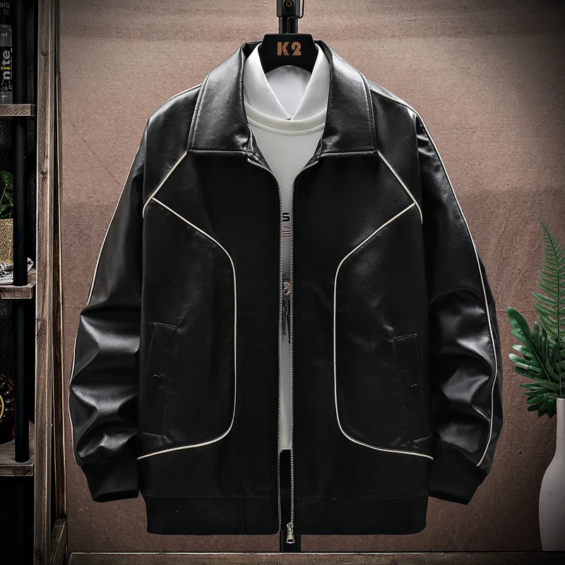 

High-quality Black Men's Jacket Spring Autumn New Tide Version Hong Kong Style Young Students PU Lapel Splicing Coat