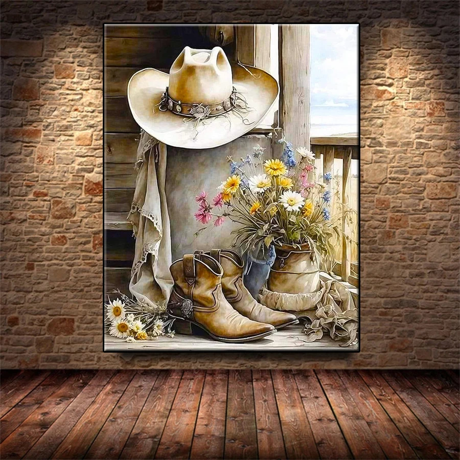 

5D DIY Diamond Embroidery Painting Kit New Western Cowboy Boots Hat Flower Art Mosaic Art Adult Decoration Gift