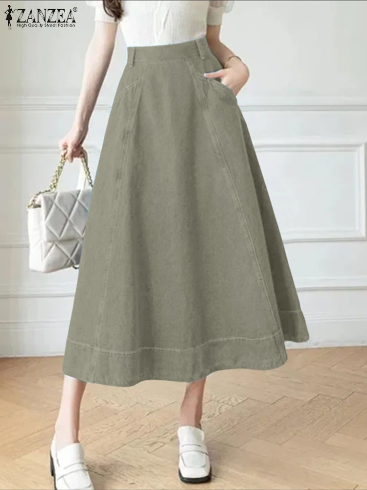 

ZANZEA Women Fashion Office Skirts Casual Korean Pockets Denim Overskirts 2025 Summer A-Line Zipper Women's Clothing Bottoms