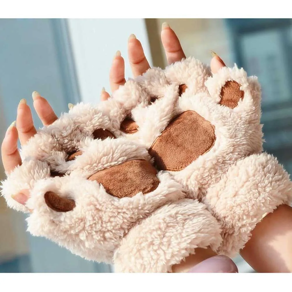 

19x16cm Screen Gloves Cat Claw Pattern Fingerless Mittens for Winter Use Texting Driving Gift Idea Beige