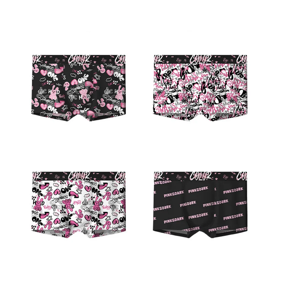 4PCS Men\'s Underwear Boxer Briefs,Stretch Breathable Moisture-Wicking Underwear Man Panties , Pink Cartoon Printed