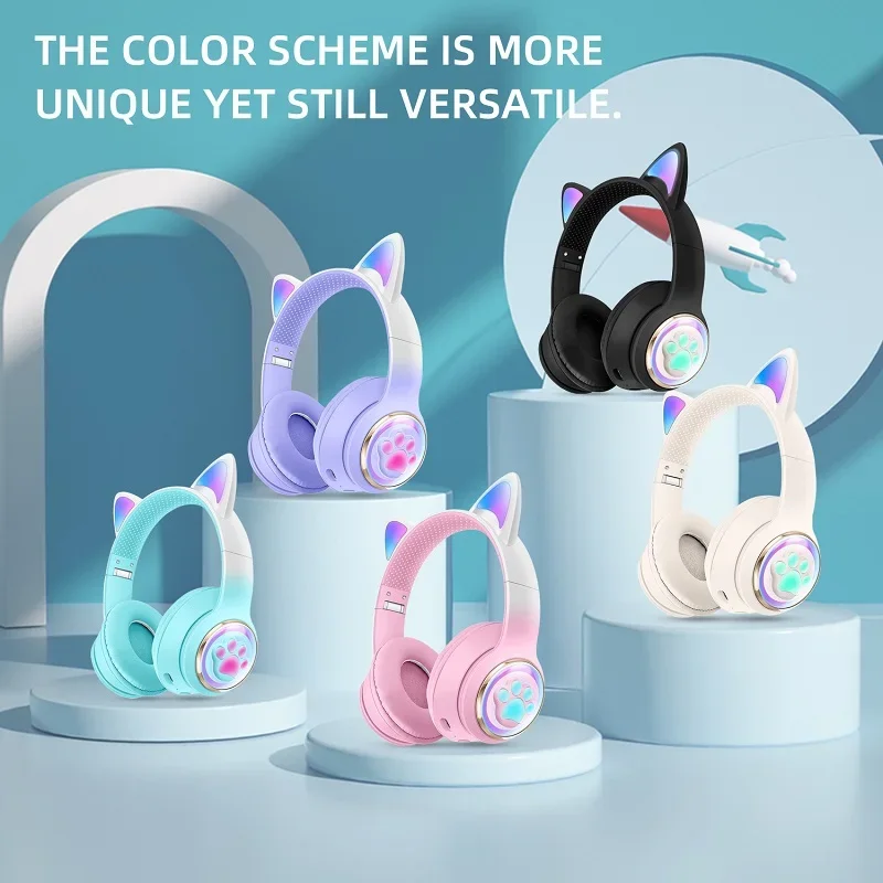 Cute Cat Headphones Wireless Girls Kids Headphones With Microphone Foldable Stereo Music Headset for Iphone Ipad Table Gifts