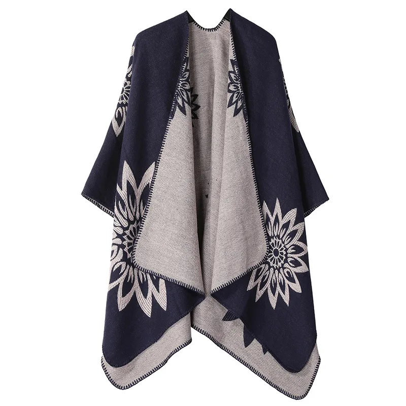 Autumn Winter Warm Knitted Thicken Printed Floral Shawl Faux Cashmere Women Split Cape Bat Type Jacquard Outerwear Poncho Cloak