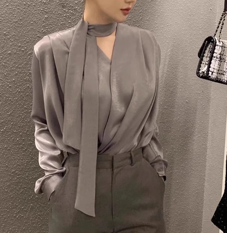 French Sle Pure Color V-ne Breathable Casual Slim Straight ape Commuter irt Silk Long Sve BibFem Sle irt