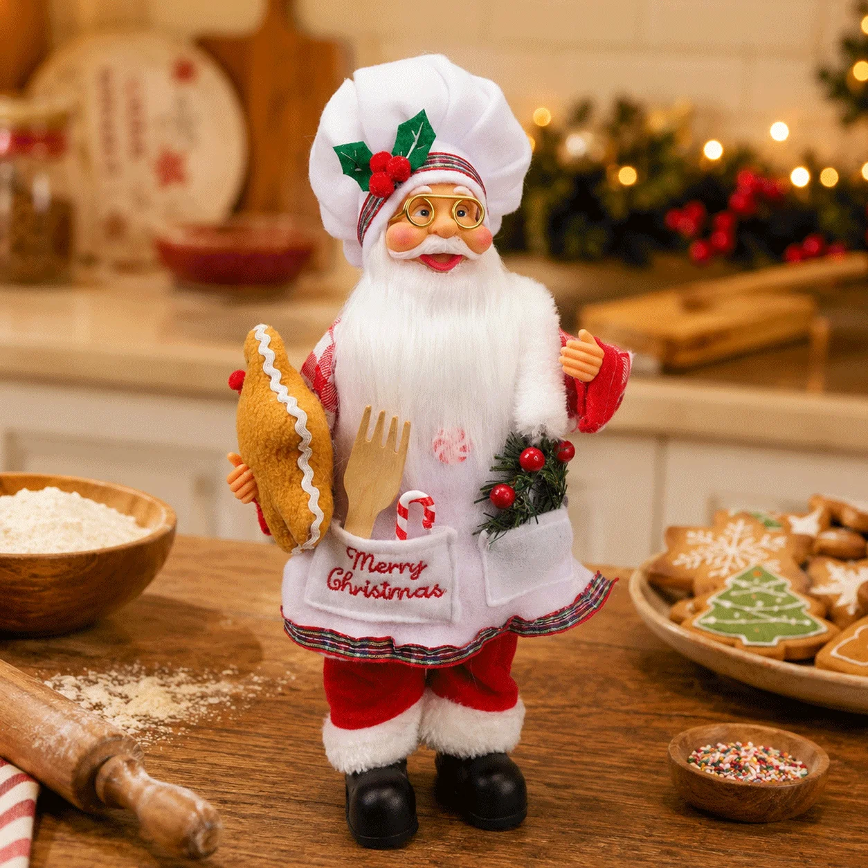 30cm Chef Santa Claus Figurine Christmas Decoration, Festive Santa Statue with Apron Hat and Gingerbread for Holiday Home Decor view 3