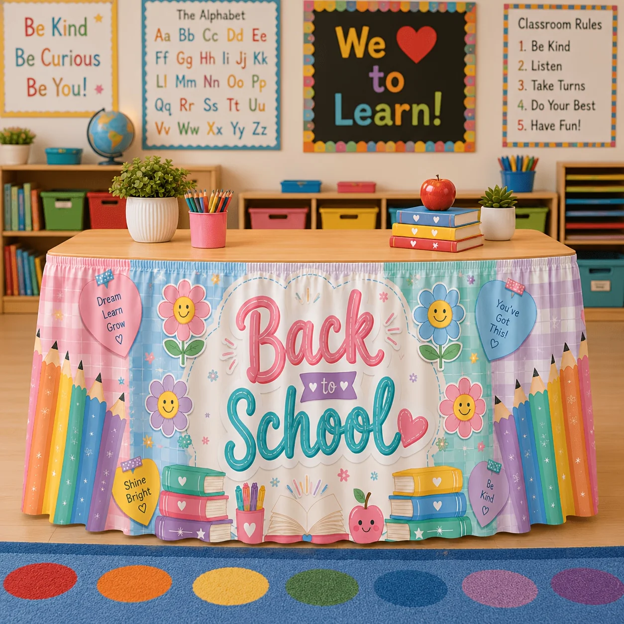 Party table skirt  Back-to-school tablecloth  Table skirt  Cute colored pencil books