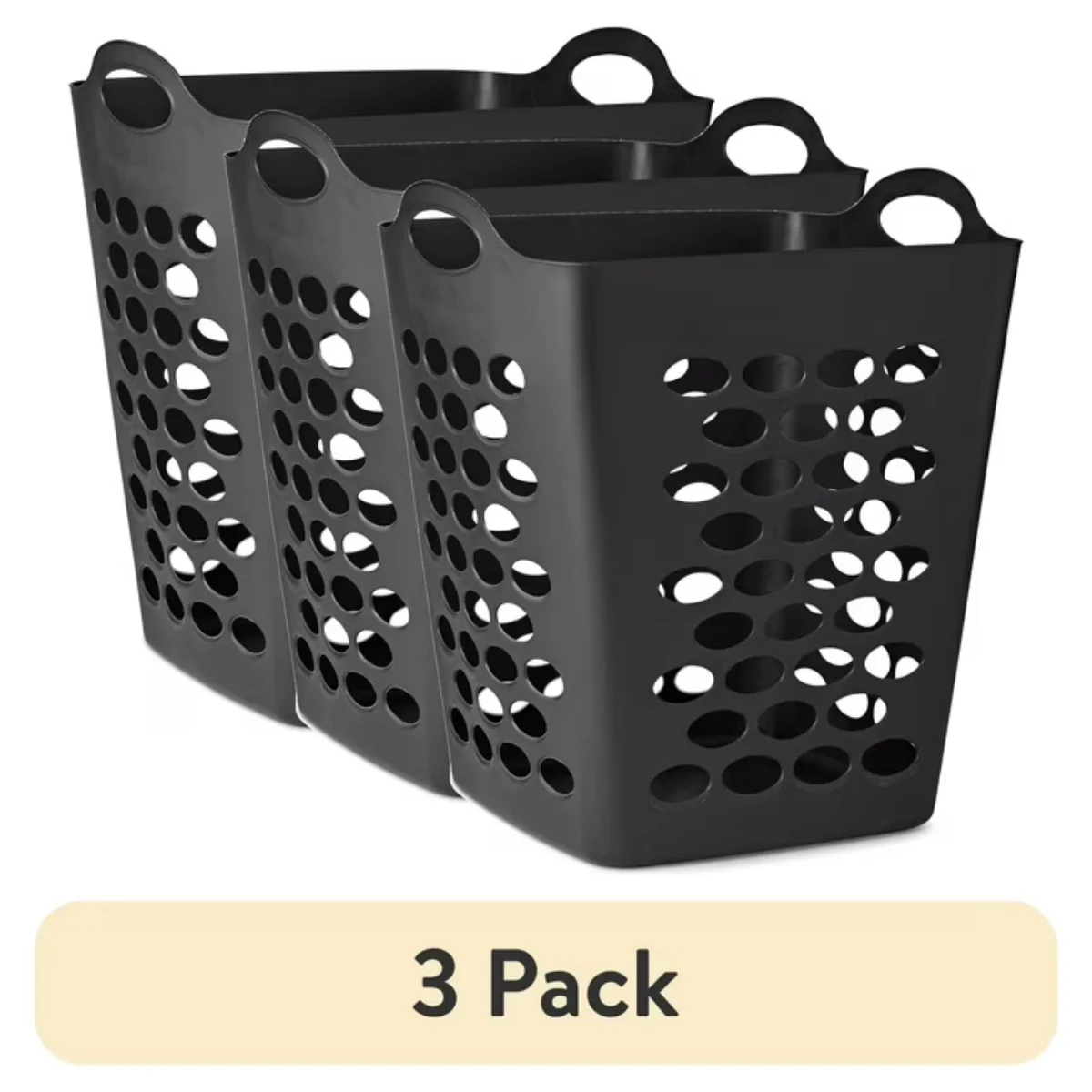 (3 Pack) Flexible Square Laundry Hamper, Black Plastic