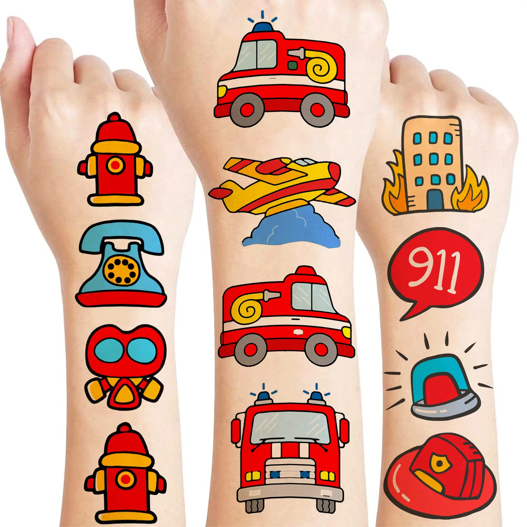 10 Pcs Firefighter Temporary Tattoos Kids Stickers  Boys Fireman Party Supplies Fire Truck Toy Favors Birthday Decorations Gifts