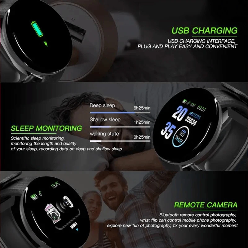 D18 Smart Bracelet 2024 Real Step Count Fashion Alarm Clock Watch Bluetooth Music Fitness Tracker Sports Smartwatch Android D20