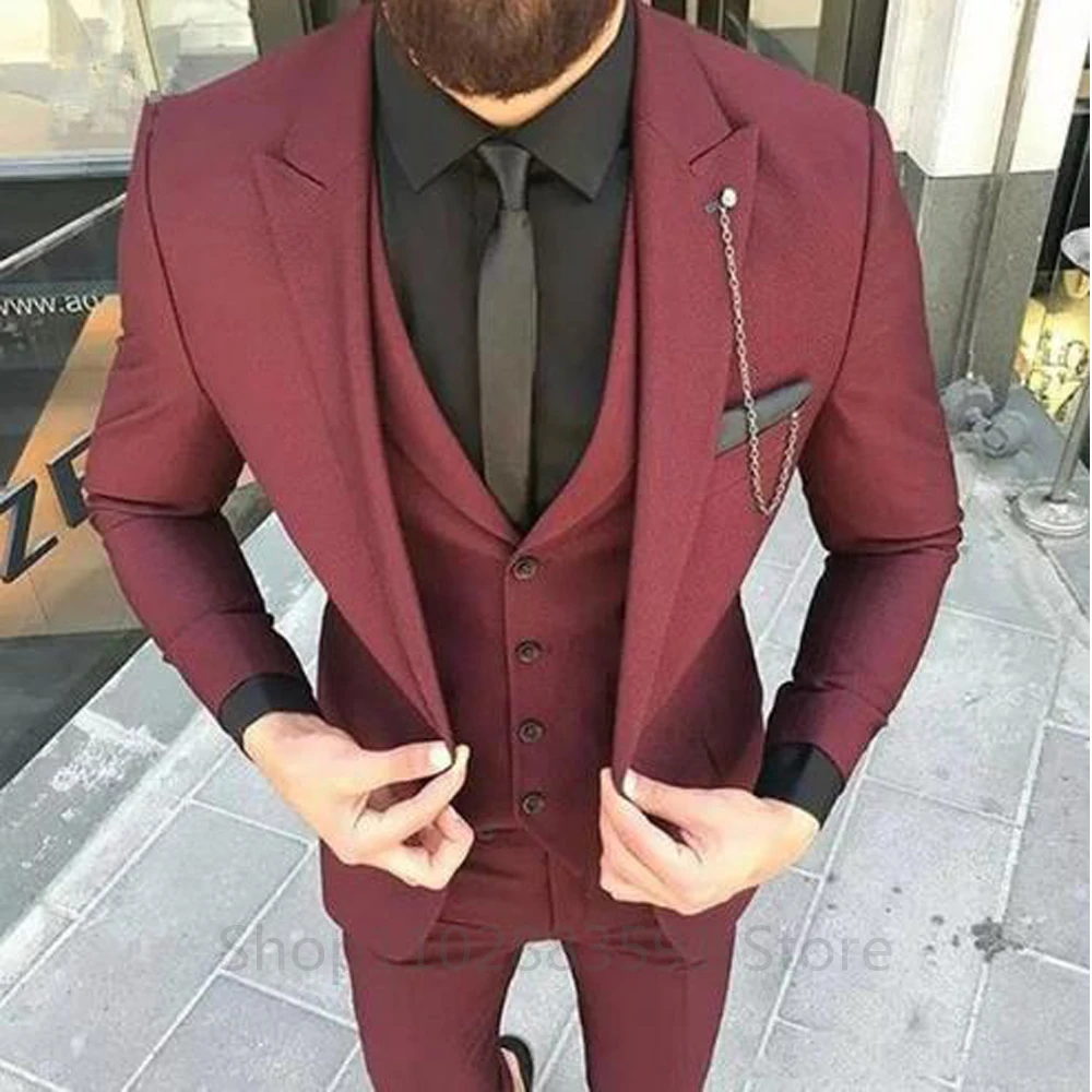 

2026 Fashion Men's Suits Slim Fit Jacket Vest Pants 3 Pieces Peak Lapel Wedding Formal Groom Blazer Tuxedos Terno Wear Business