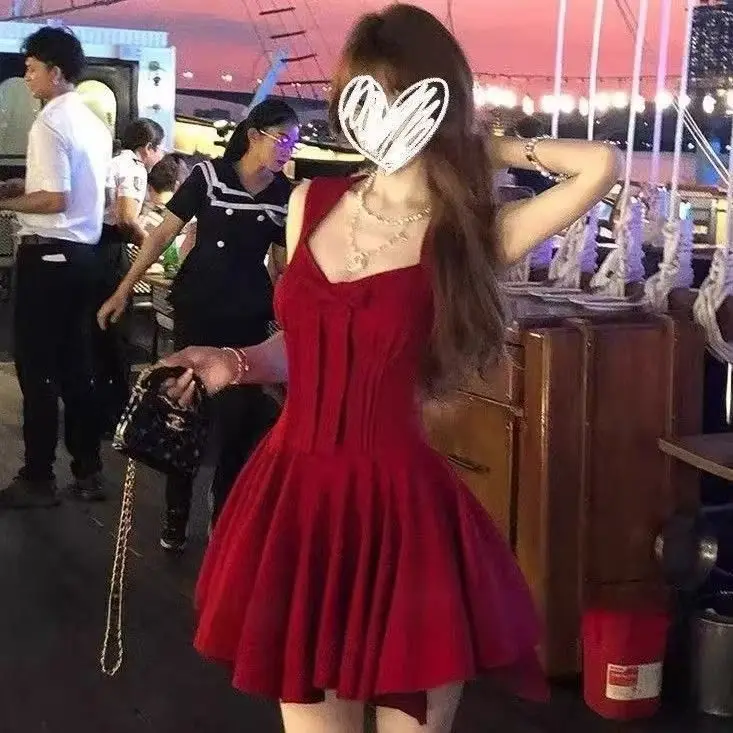 Vestidos sem mangas feminino diário primavera cetim decote quadrado bordado plissado em camadas estilo francês piquenique suave único flowy