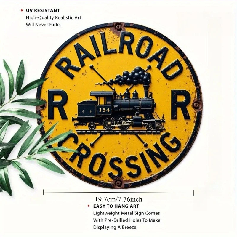 1pc 2D Flat Vintage Railroad Crossing Safety Metal Sign | Retro Railroad Plaque with Steam Locomotive, Yellow & Black Decoration