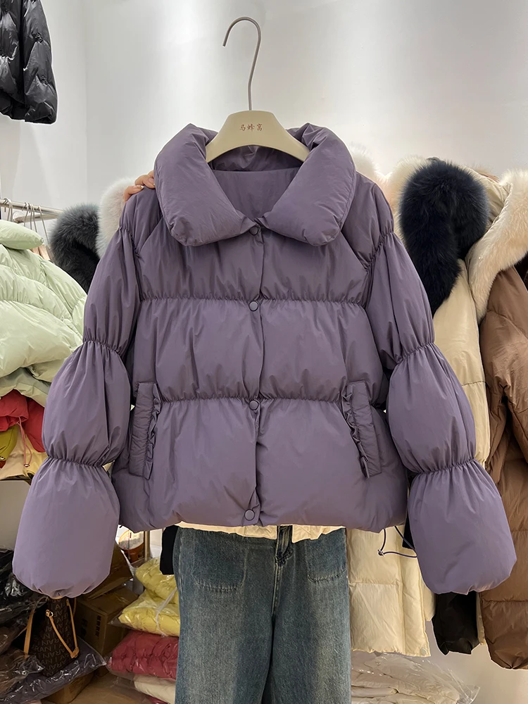 가을 겨울 신상 캔디 컬러 라펠 칼라 다운 재킷 여성용 달콤하고 귀여운 두꺼운 화이트 덕 다운 따뜻한 코트