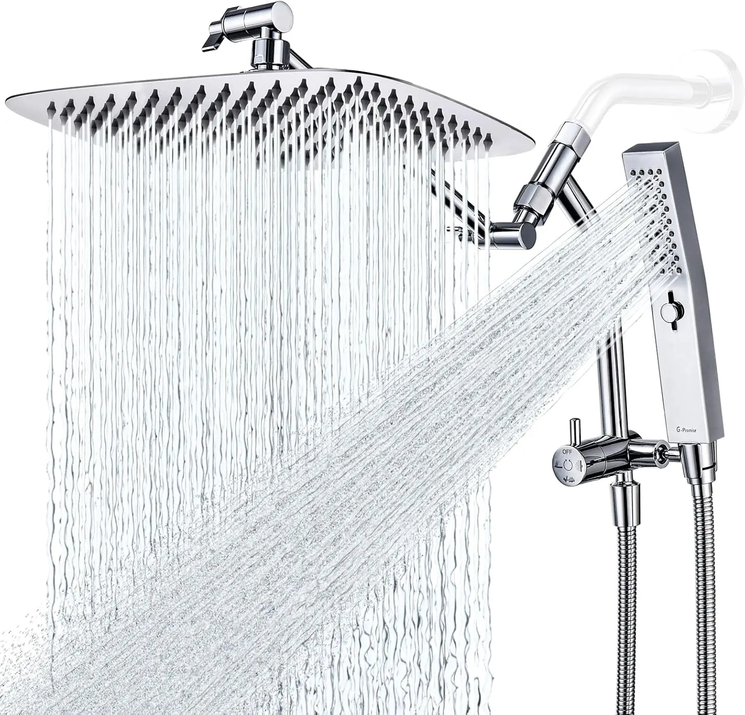 

12 Inch All Metal Shower Head with Massage, Rain and Handheld Combo, Adjustable Arm, Chrome Finish