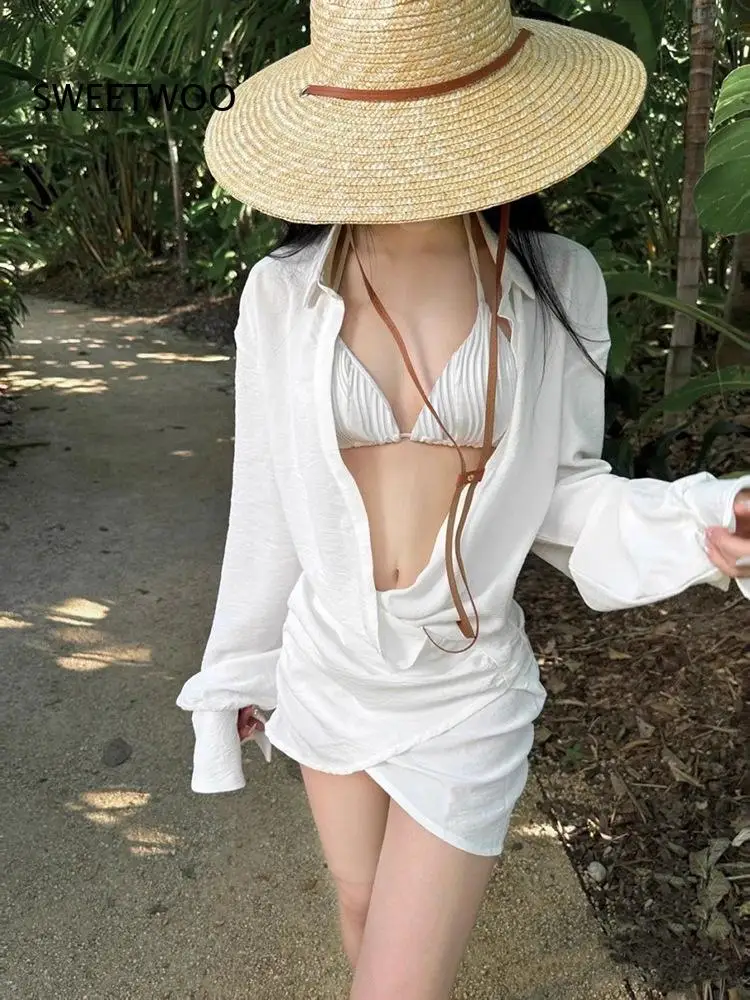 Women White Long Sleeve Shirt Cover Up Bikini Set Three Piece Swimsuit Deep V Neck Ruched Mini Dress Summer Beach Bathing Suit