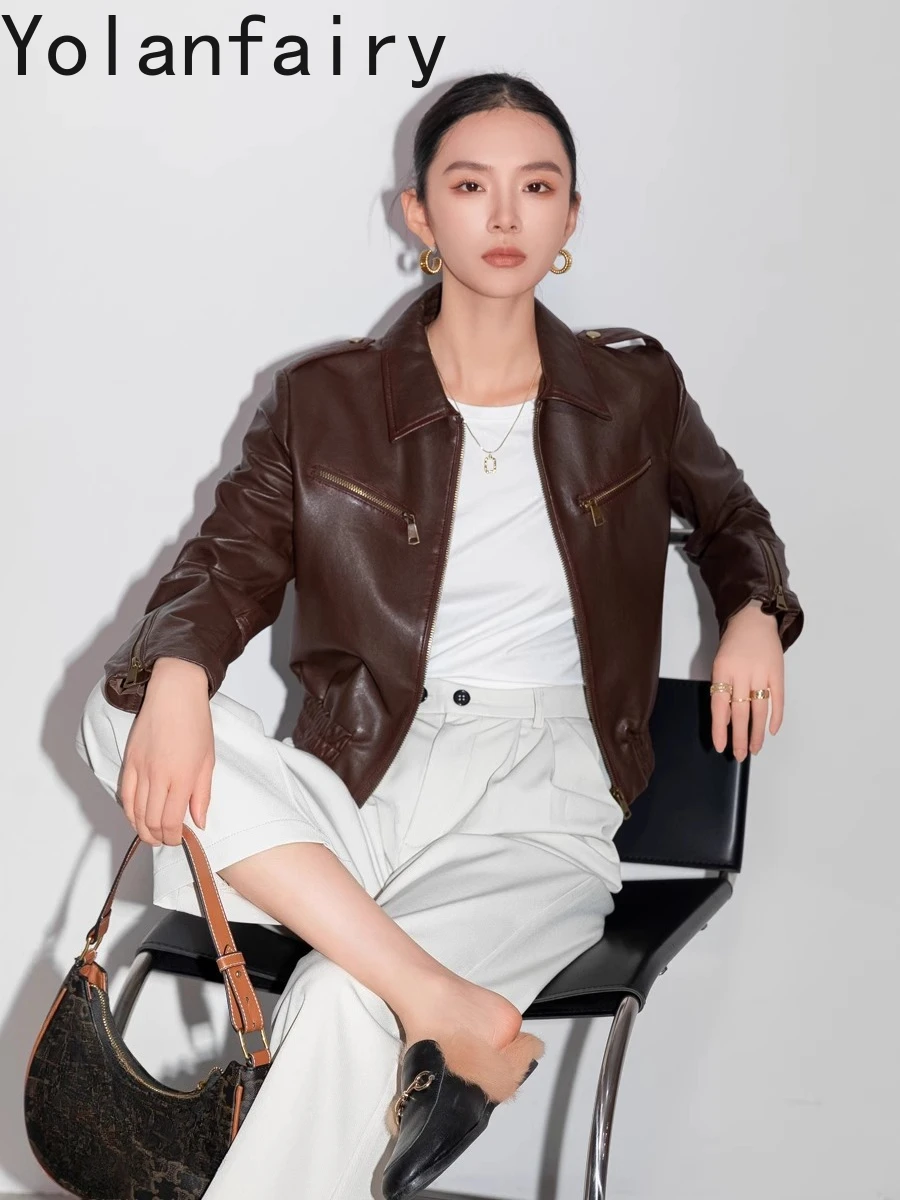YOLANFAIRY 高品質リアルシープスキンヴィンテージレザージャケット女性ショート本革コートストリートシックなレザージャケット