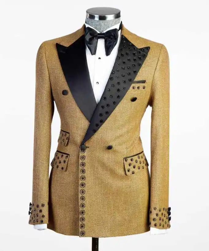 Classic Men's 2-Piece Suit Embroidered Accent Contrast Satin Lapel Double-Breasted Blazer & Pants Formal Set Customized