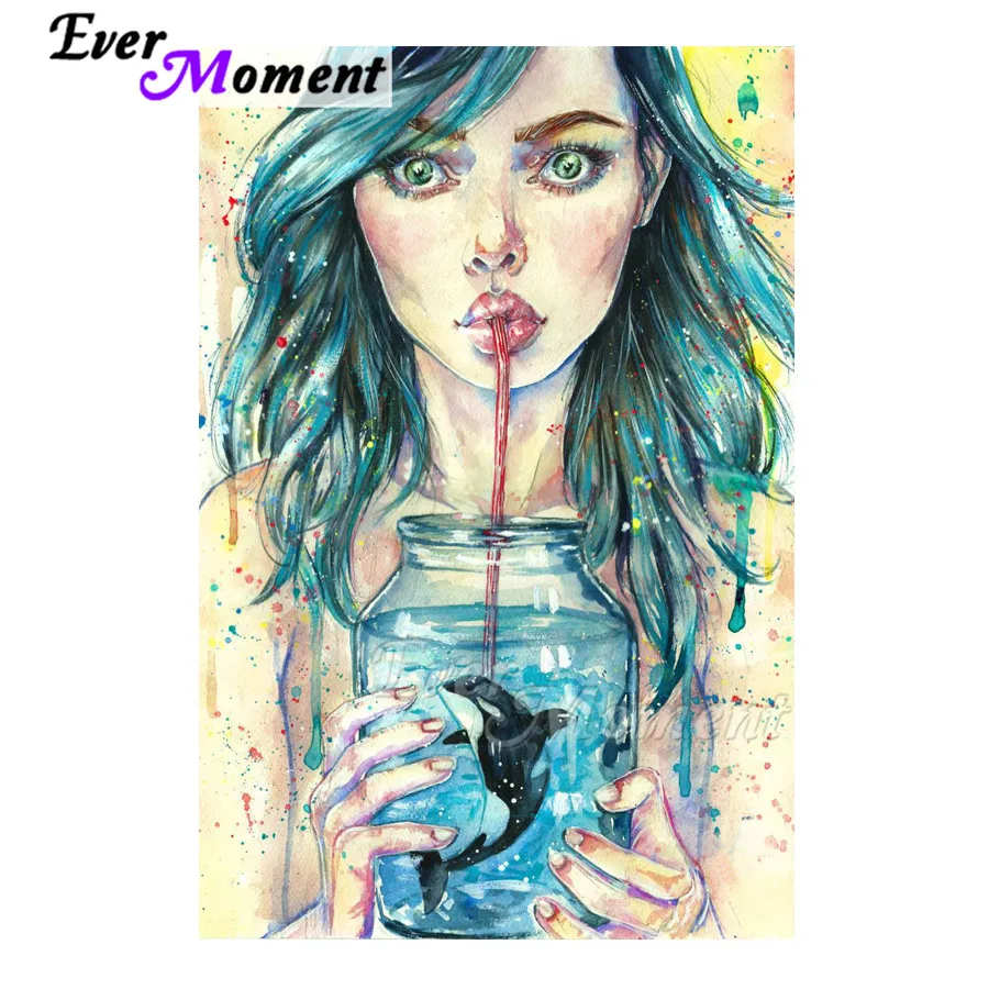 

Ever Moment Diamond Painting Picture Of Rhinestone Green Hair Woman Drink Dolphin Square Diamond Embroidery Decoration ASF1897
