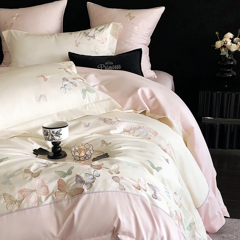 1000TC Egyptian Cotton Luxury Butterfly Embroidery Bedding Set Queen King Size Duvet Cover Set Bed Sheet/Fitted Sheet Pillowcase