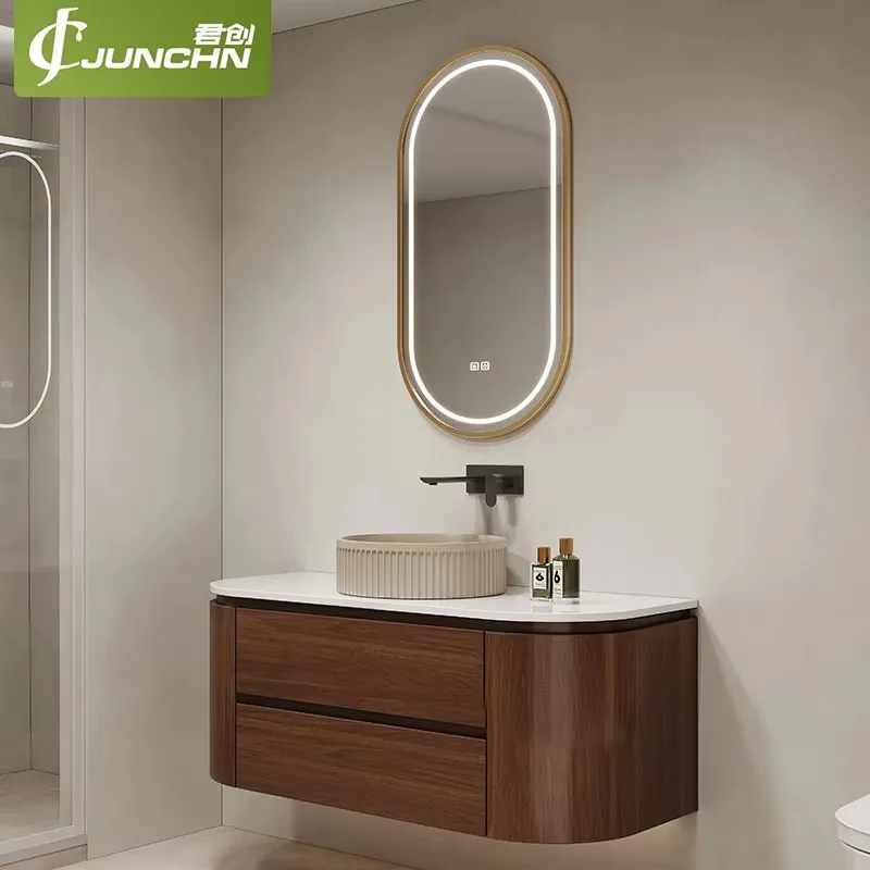 Factory Direct Luxury Walnut Curved Floating Single Sink Bathroom Vanities, Sintered Countertop, Fluted Ceramic Vessel Sink