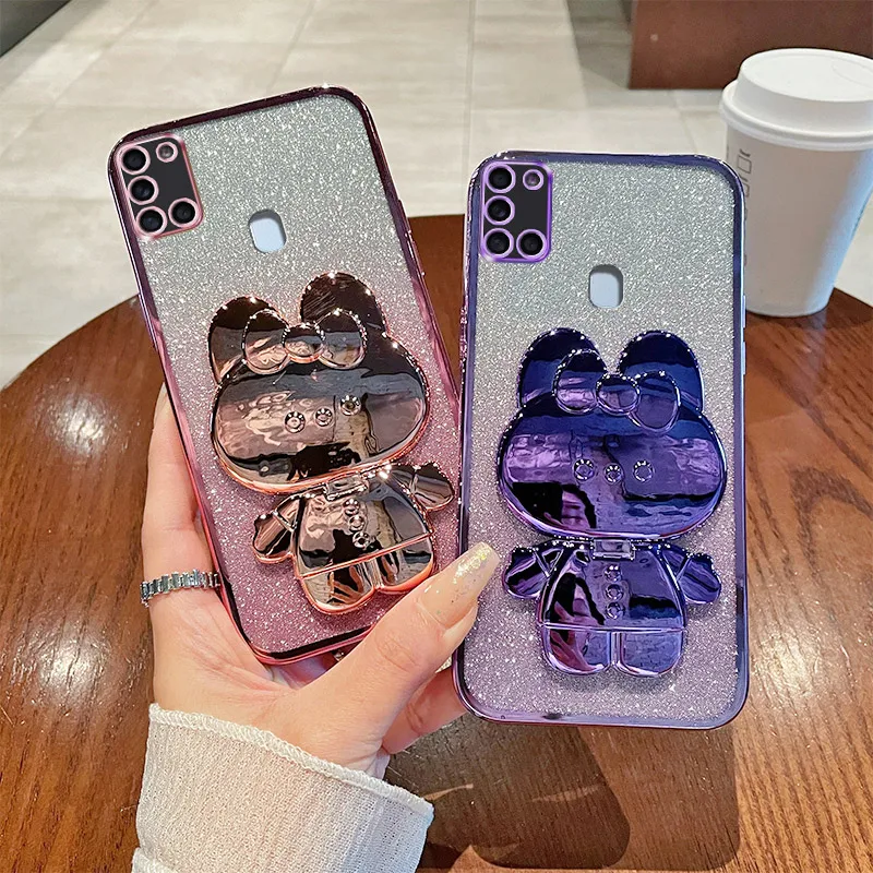 

A21s Case For Samsung Galaxy A21s Luxury Gradient Glitter Makeup Mirror Rabbit Folding Stand Silicone Back Cover Samsung A21s