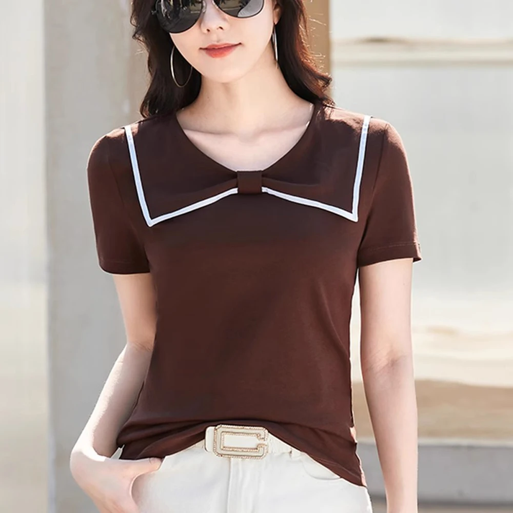 

European style wine red pure cotton short sleeved T-shirt for women's summer high-end new style bow fashion plus size casual top
