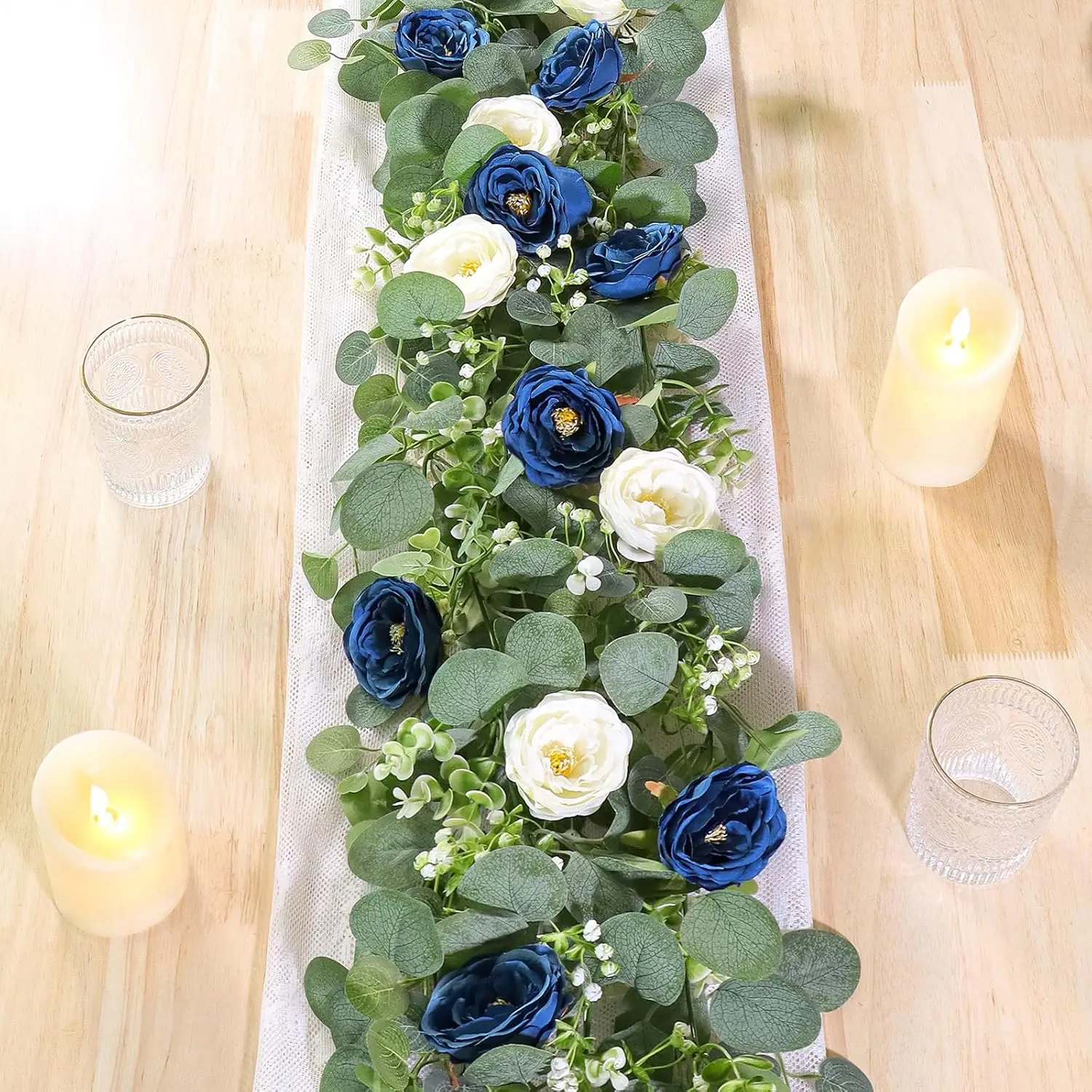 

2/4PCS Artificial Eucalyptus Flower Garland with White and Blue Roses,Fake Rose Flower Greenery Garland Floral Vines for Wedding