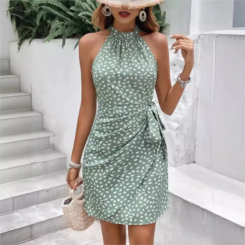 Women\'s Summer Fashion Hanging Neck Zipper Sleeveless Floral Pleated Short Dress Sexy Off Shoulder Lace-Up Mini Dress Vestidos