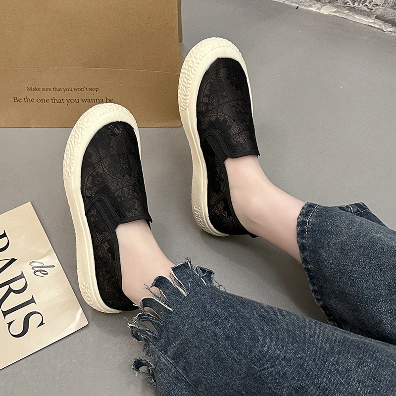 2024 Summer New Women Shoes Mesh Lace Woman Casual Shoes Sneakers Breathable Hollow Flat Loafers Slip-On Height Increase Shoes